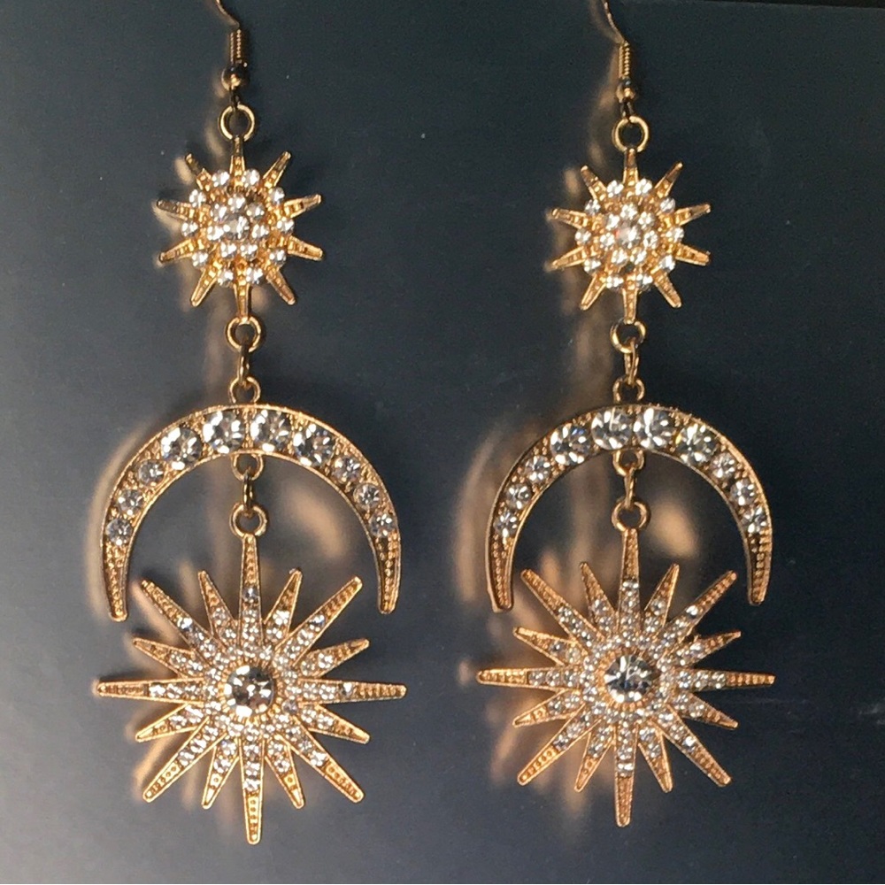 SOURCE UNKNOWN Gold Silver moon stars statement earrings Rhinestone Pierced Bold - Picture 1 of 8